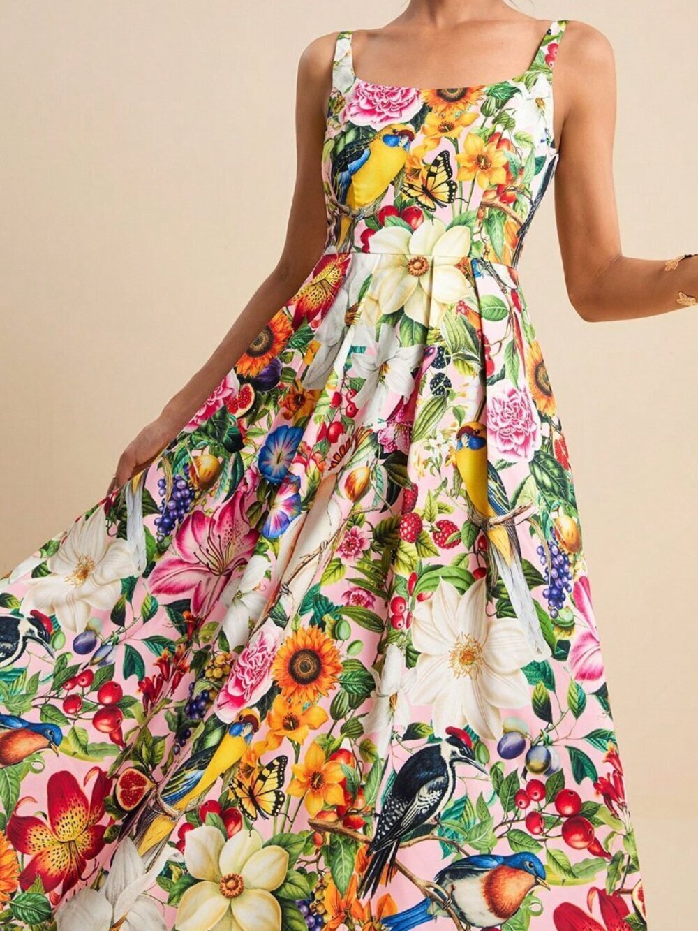 Pink Boho Women's U-Neck Spaghetti Strap Waist Flared Tropical Print Dress